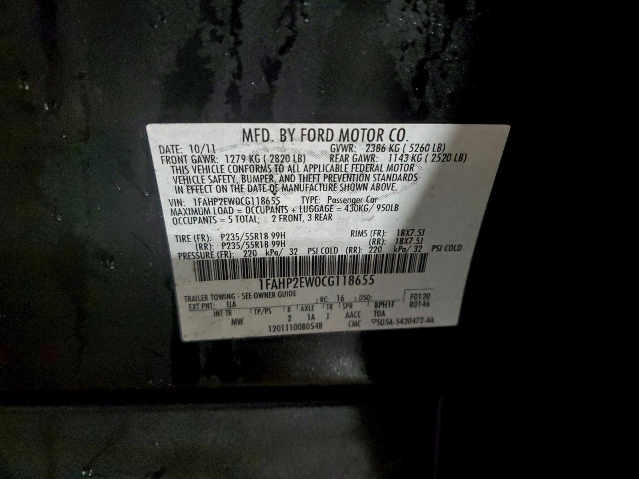 2012 Ford Taurus Sel VIN: 1FAHP2EW0CG118655 Lot: 93820495