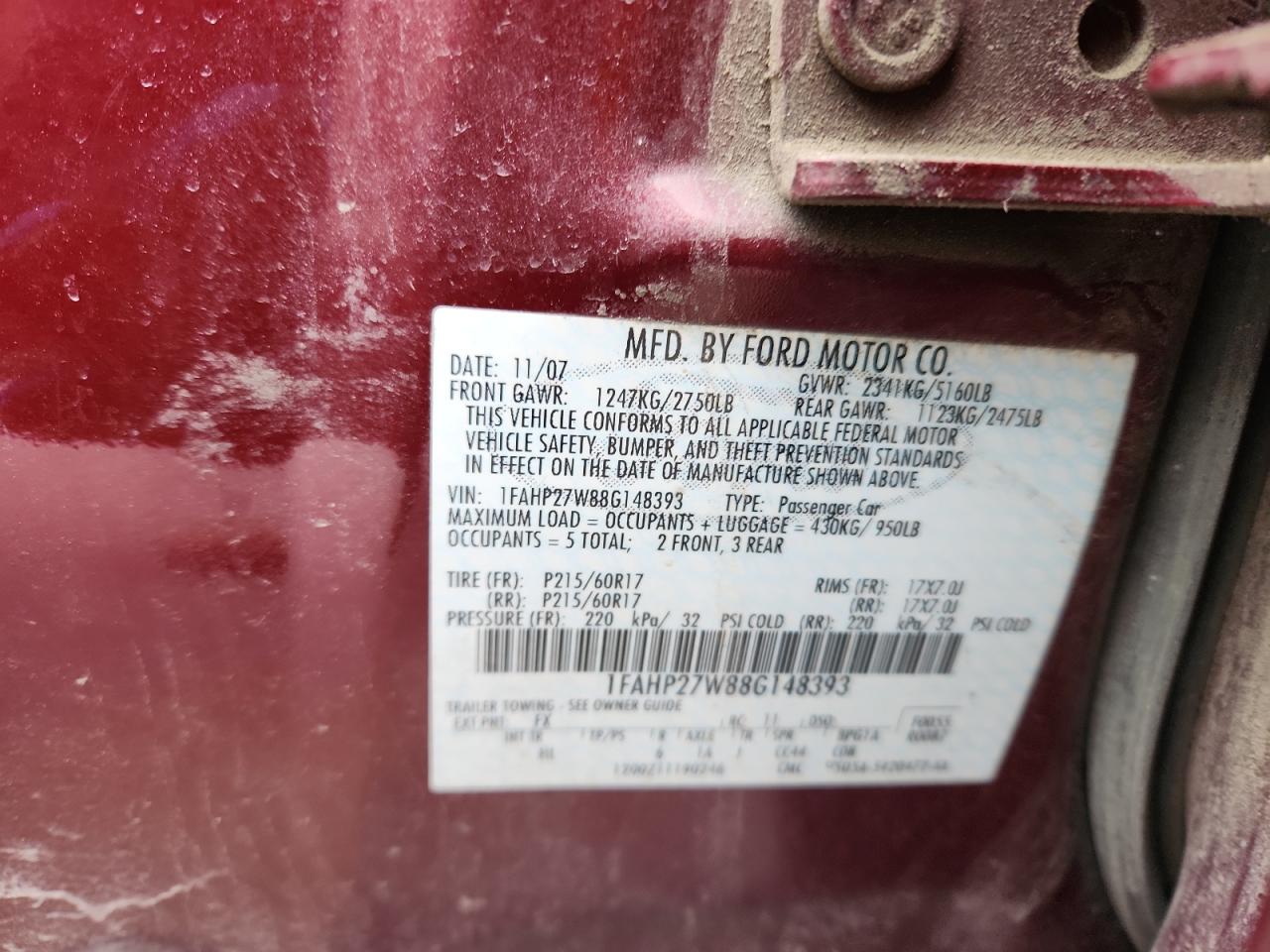 2008 Ford Taurus Sel VIN: 1FAHP27W88G148393 Lot: 91216435