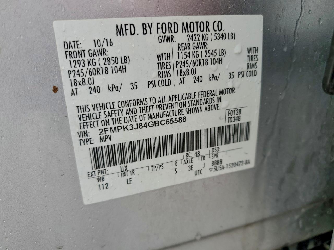 2016 Ford Edge Sel VIN: 2FMPK3J84GBC65586 Lot: 94467055