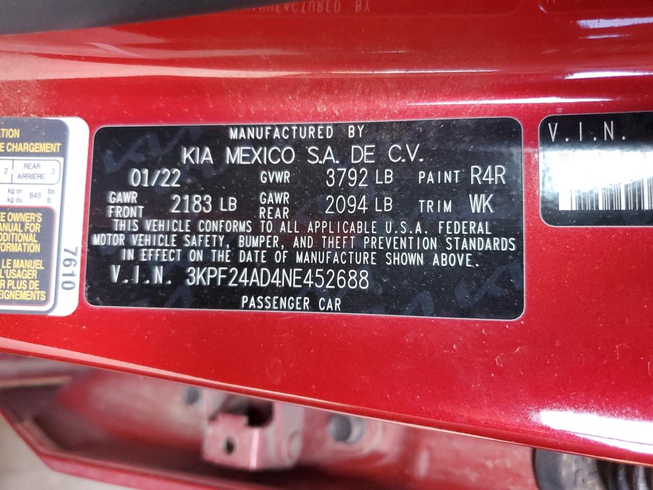 2022 Kia Forte Fe VIN: 3KPF24AD4NE452688 Lot: 92232525