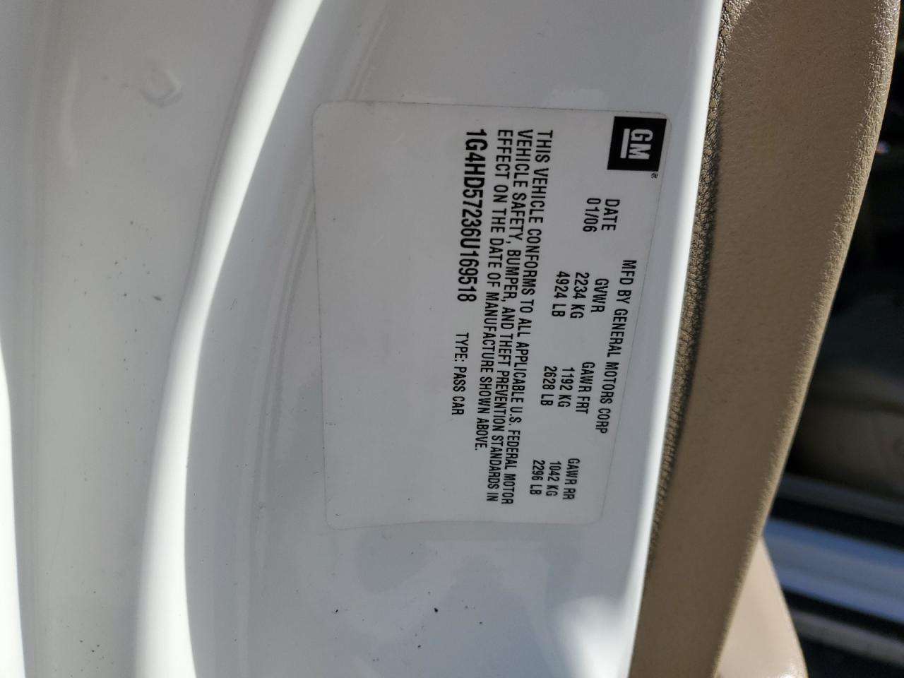 2006 Buick Lucerne Cxl VIN: 1G4HD57236U169518 Lot: 92647195