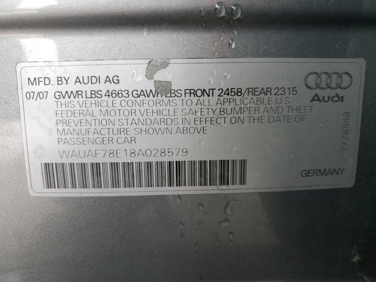 2008 Audi A4 2.0T VIN: WAUAF78E18A028579 Lot: 93561015