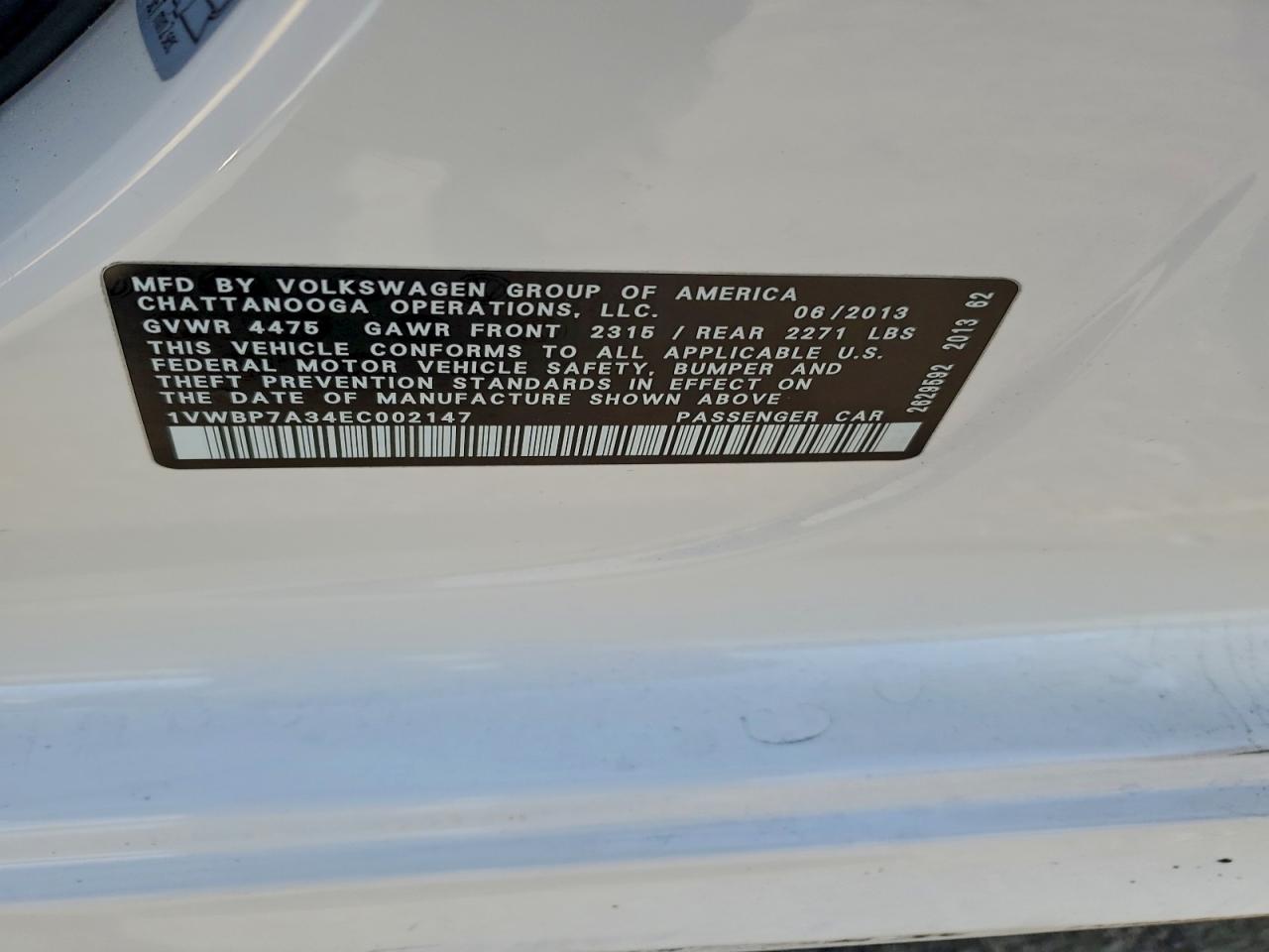 2014 Volkswagen Passat Se VIN: 1VWBP7A34EC002147 Lot: 94169575