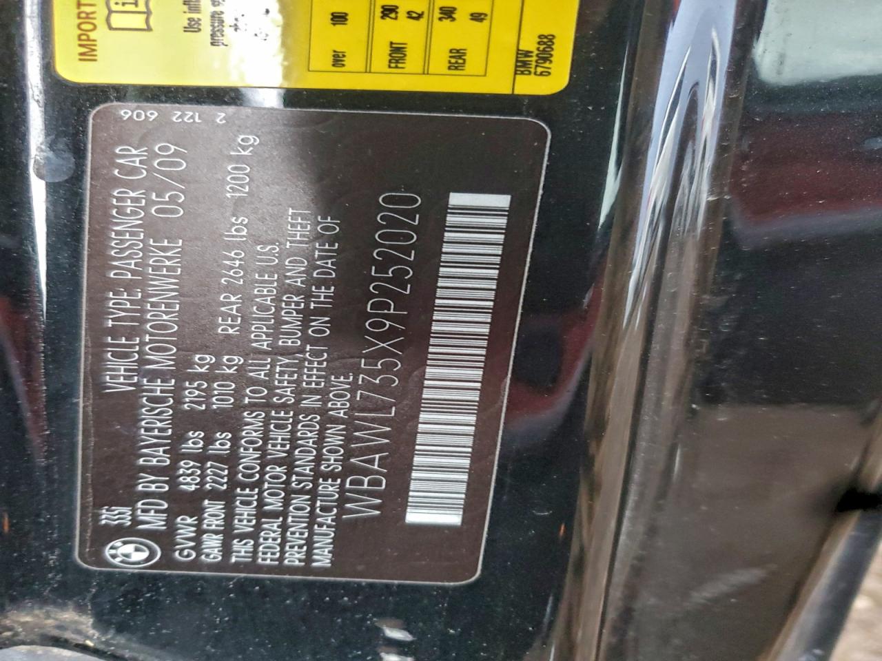 2009 BMW 335 I VIN: WBAWL735X9P252020 Lot: 93743835