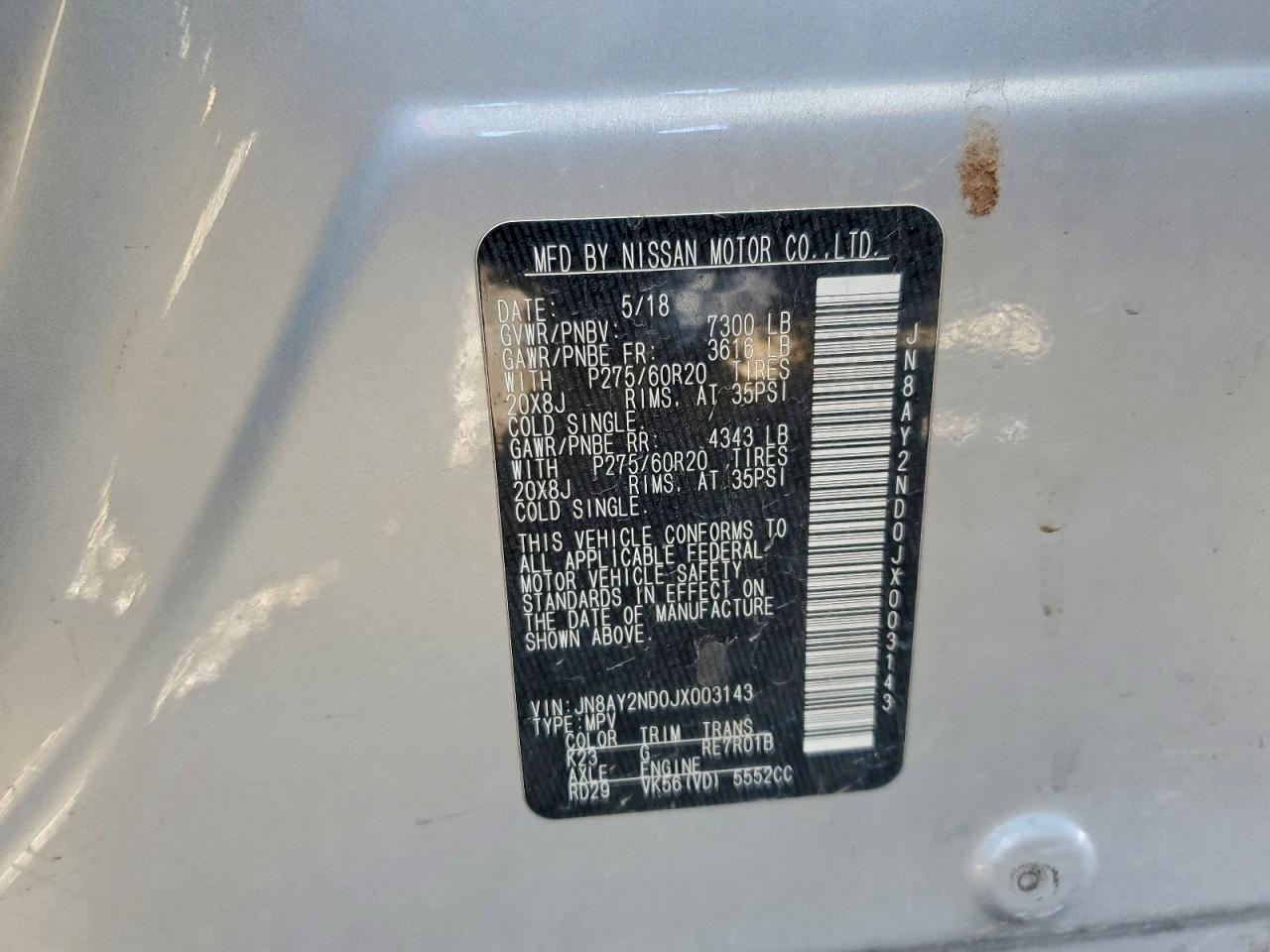 2018 Nissan Armada Sv VIN: JN8AY2ND0JX003143 Lot: 94301125