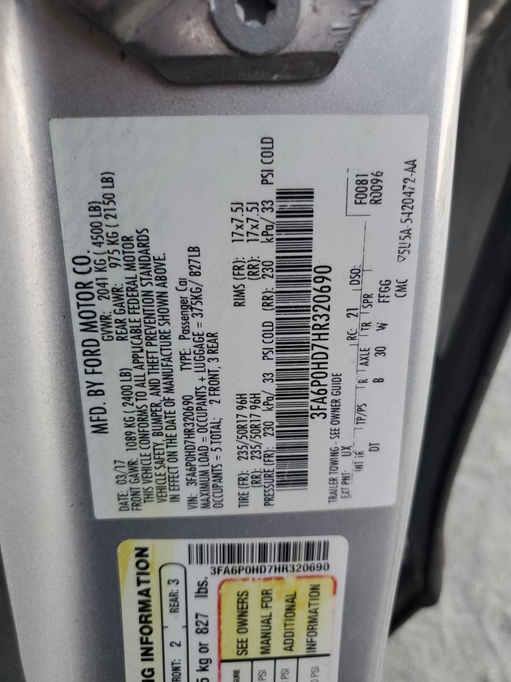 2017 Ford Fusion Se VIN: 3FA6P0HD7HR320690 Lot: 90707425