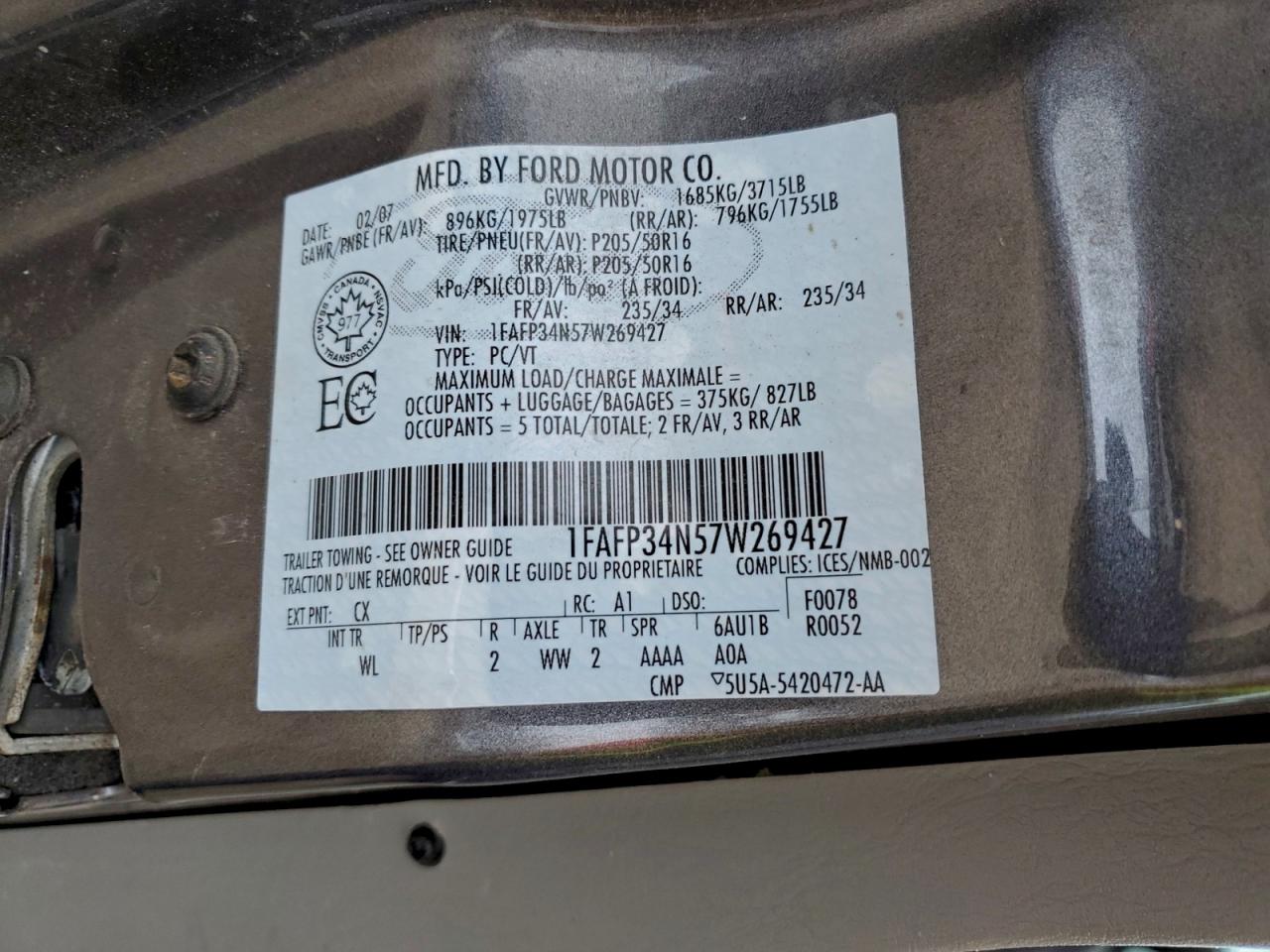 2007 Ford Focus Zx4 VIN: 1FAFP34N57W269427 Lot: 92629995