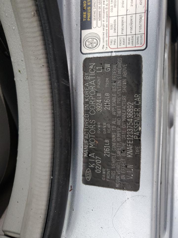 2007 Kia Spectra Ex VIN: KNAFE121375436892 Lot: 91565205
