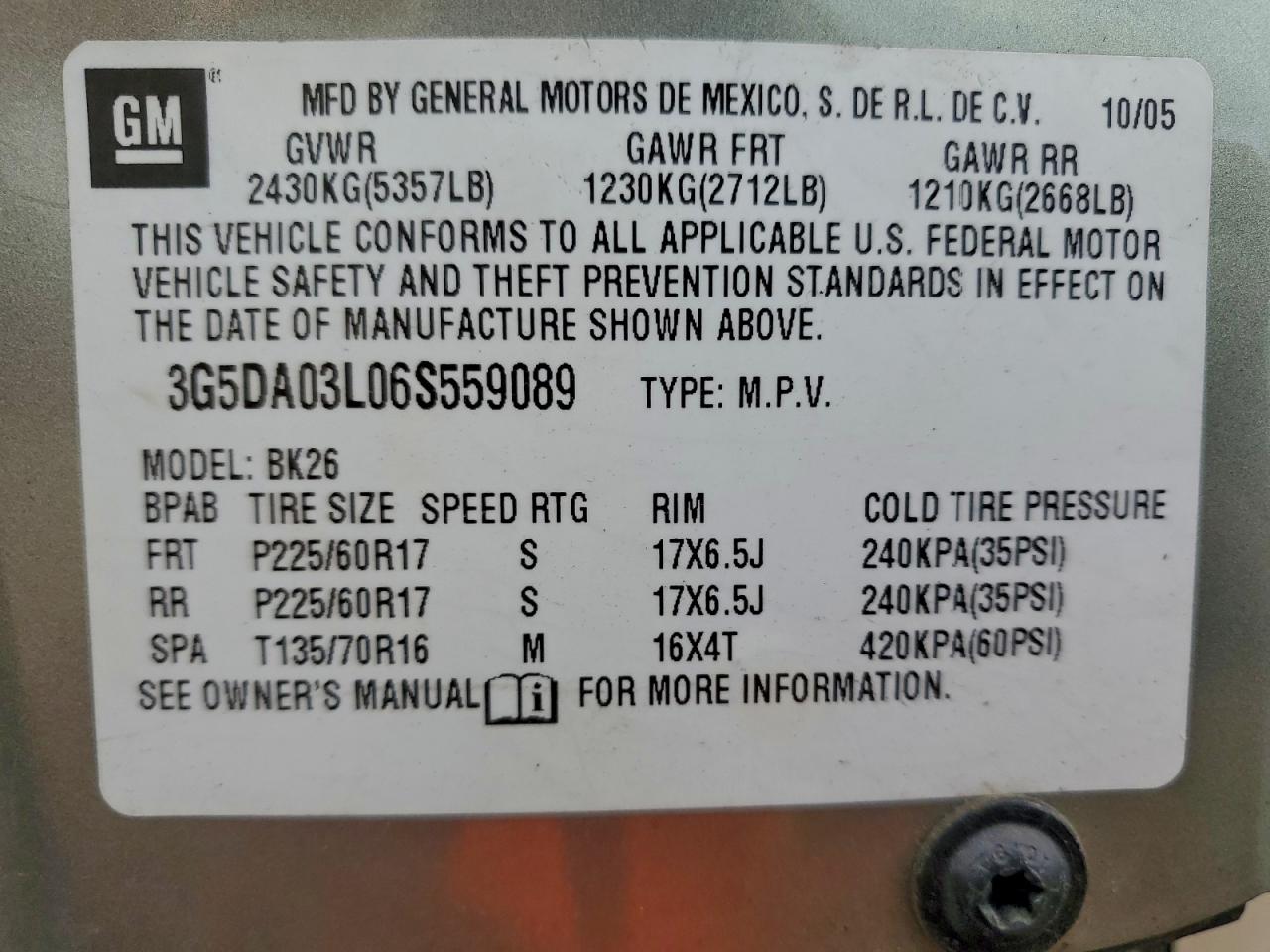 2006 Buick Rendezvous Cx VIN: 3G5DA03L06S559089 Lot: 94055555