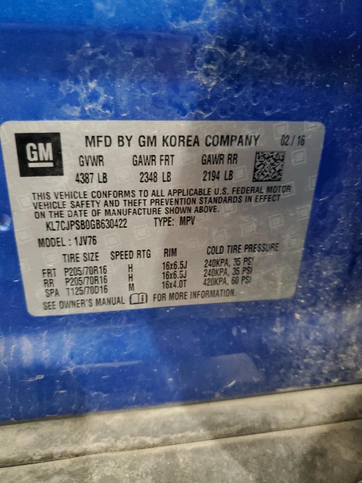 2016 Chevrolet Trax 1Lt VIN: KL7CJPSB0GB630422 Lot: 90978205