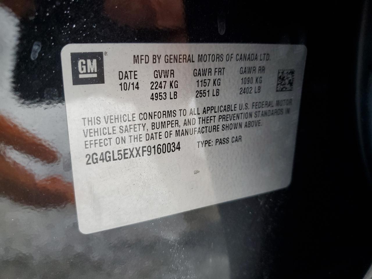 2015 Buick Regal VIN: 2G4GL5EXXF9160034 Lot: 91427585