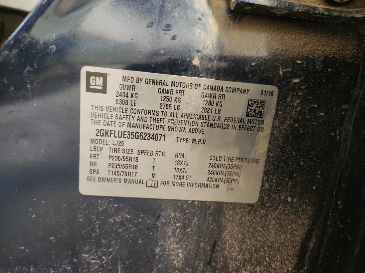 2016 GMC Terrain Slt VIN: 2GKFLUE35G6234071 Lot: 92405625