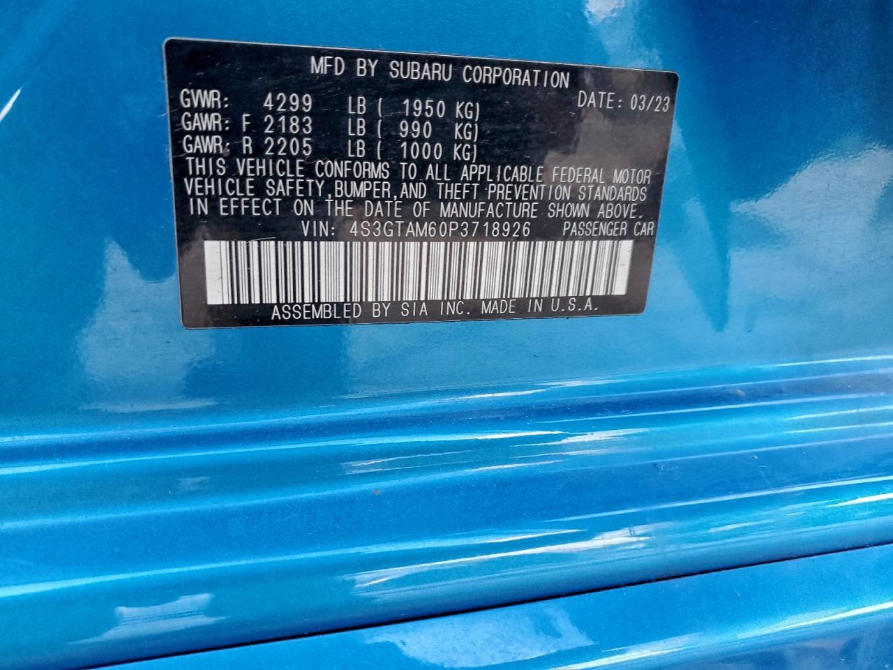 2023 Subaru Impreza Sport VIN: 4S3GTAM60P3718926 Lot: 94264265