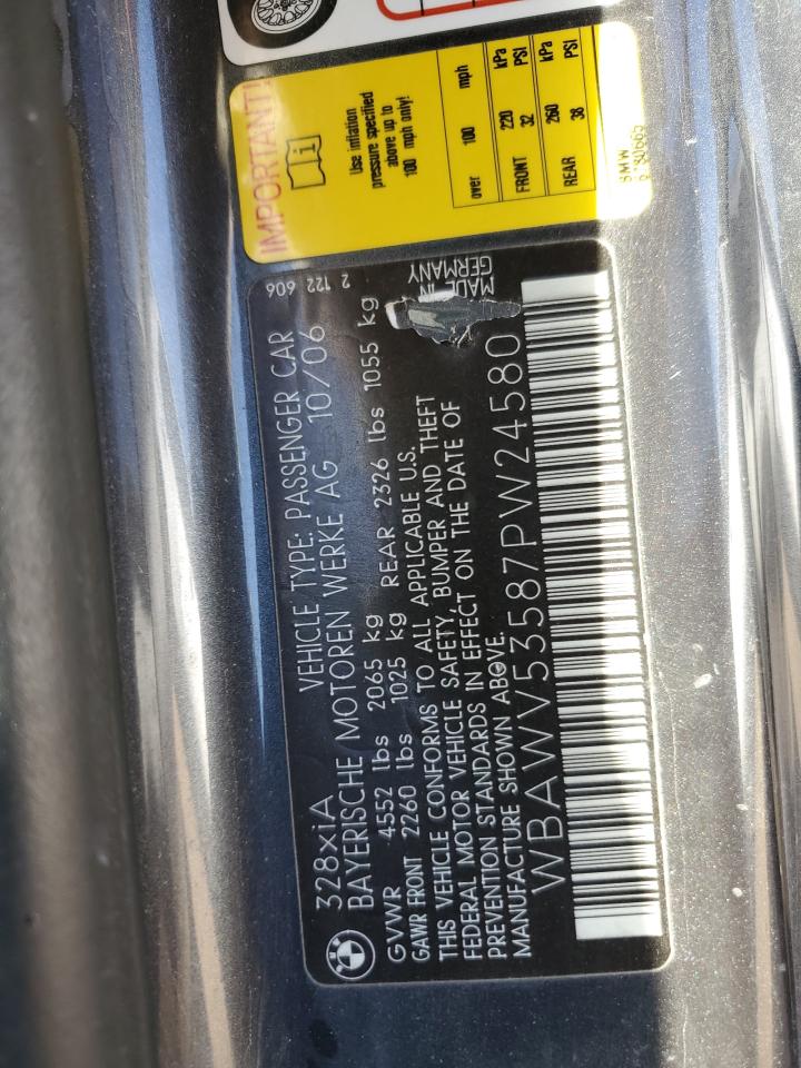 2007 BMW 328 Xi Sulev VIN: WBAWV53587PW24580 Lot: 92797325