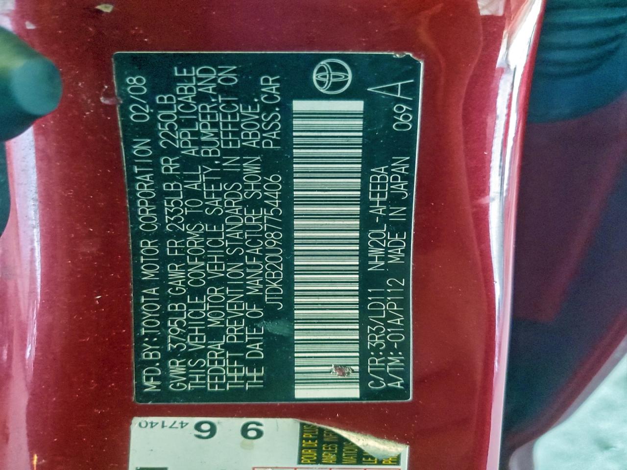 2008 Toyota Prius VIN: JTDKB20U987754406 Lot: 93868995