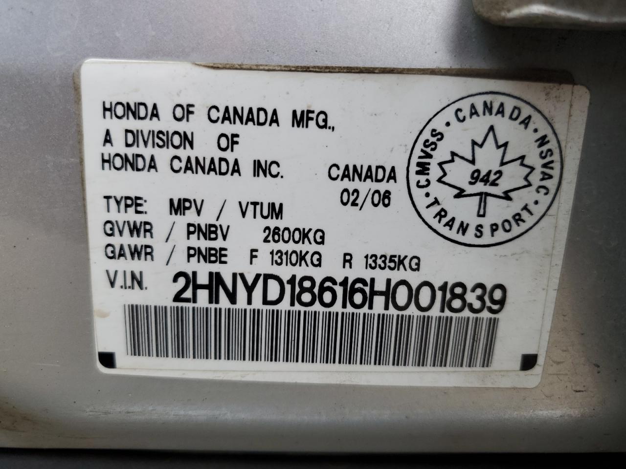 2006 Acura Mdx Touring VIN: 2HNYD18616H001839 Lot: 91244815