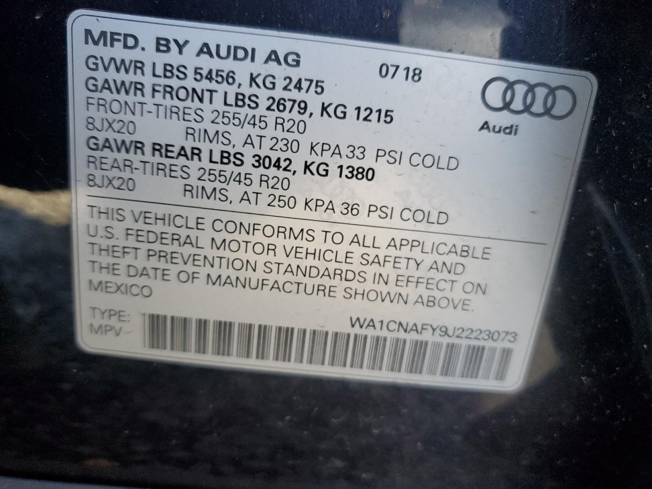 2018 Audi Q5 Prestige VIN: WA1CNAFY9J2223073 Lot: 91289935