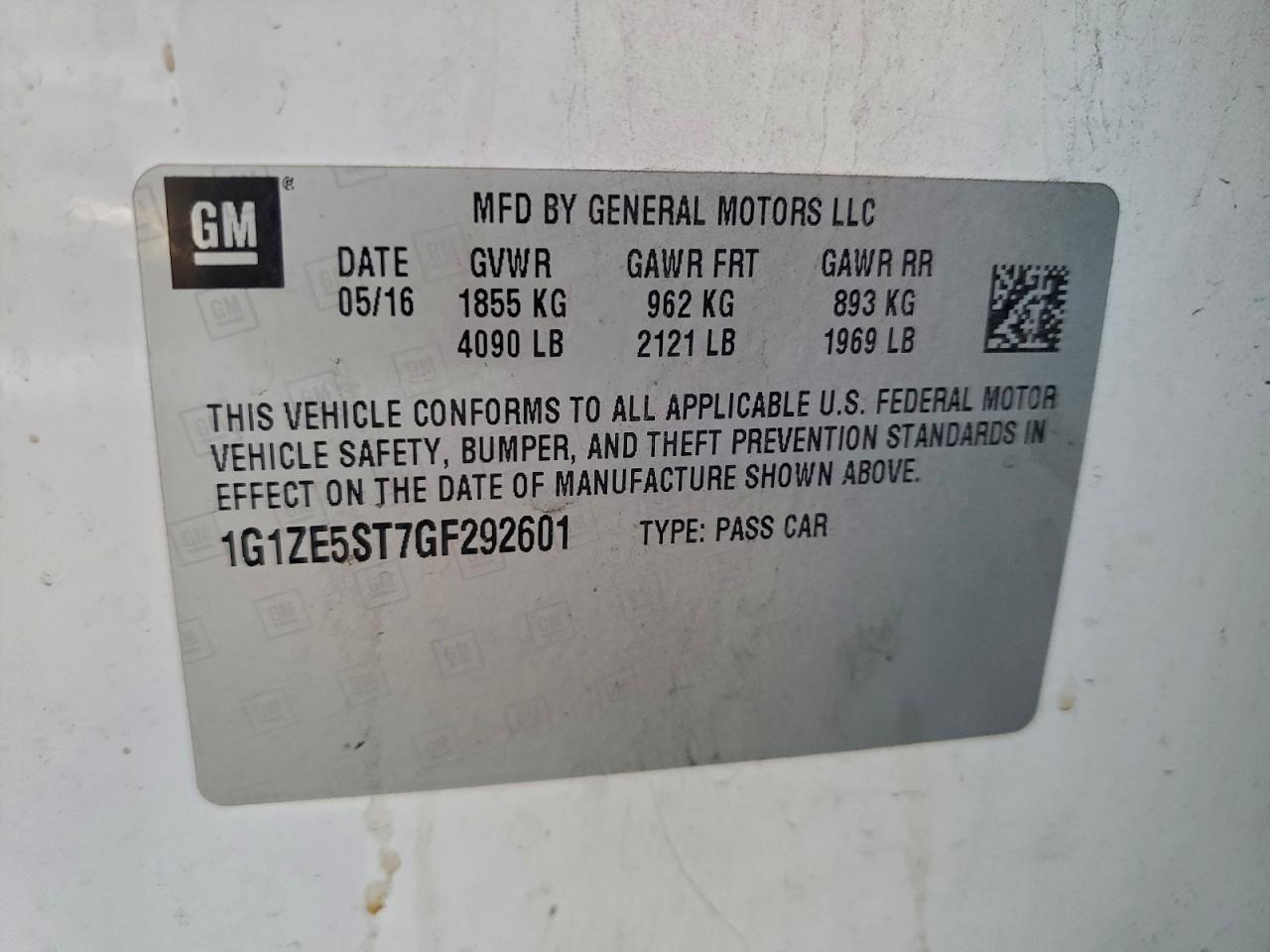 2016 Chevrolet Malibu Lt VIN: 1G1ZE5ST7GF292601 Lot: 93870015