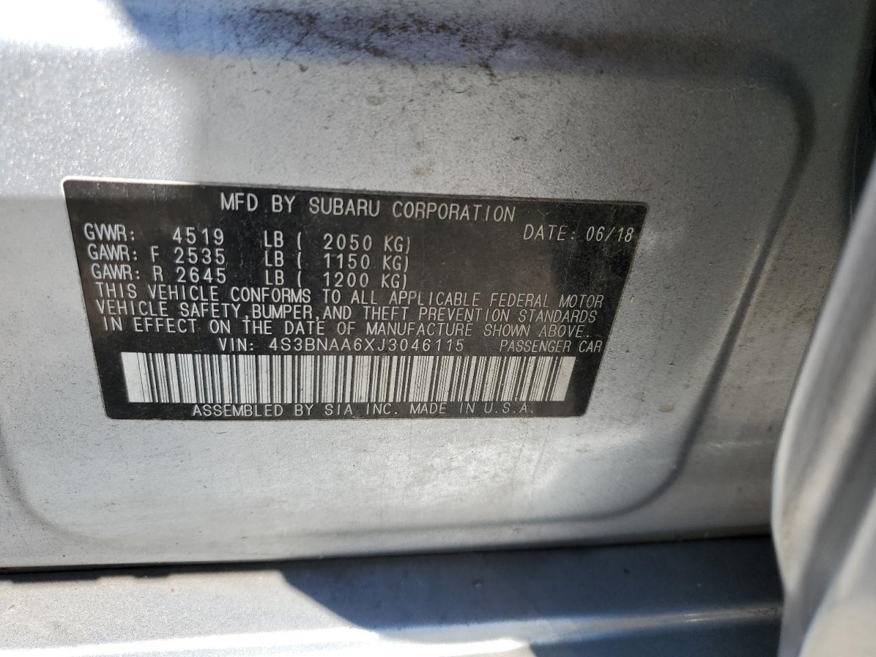 2018 Subaru Legacy 2.5I VIN: 4S3BNAA6XJ3046115 Lot: 90251005