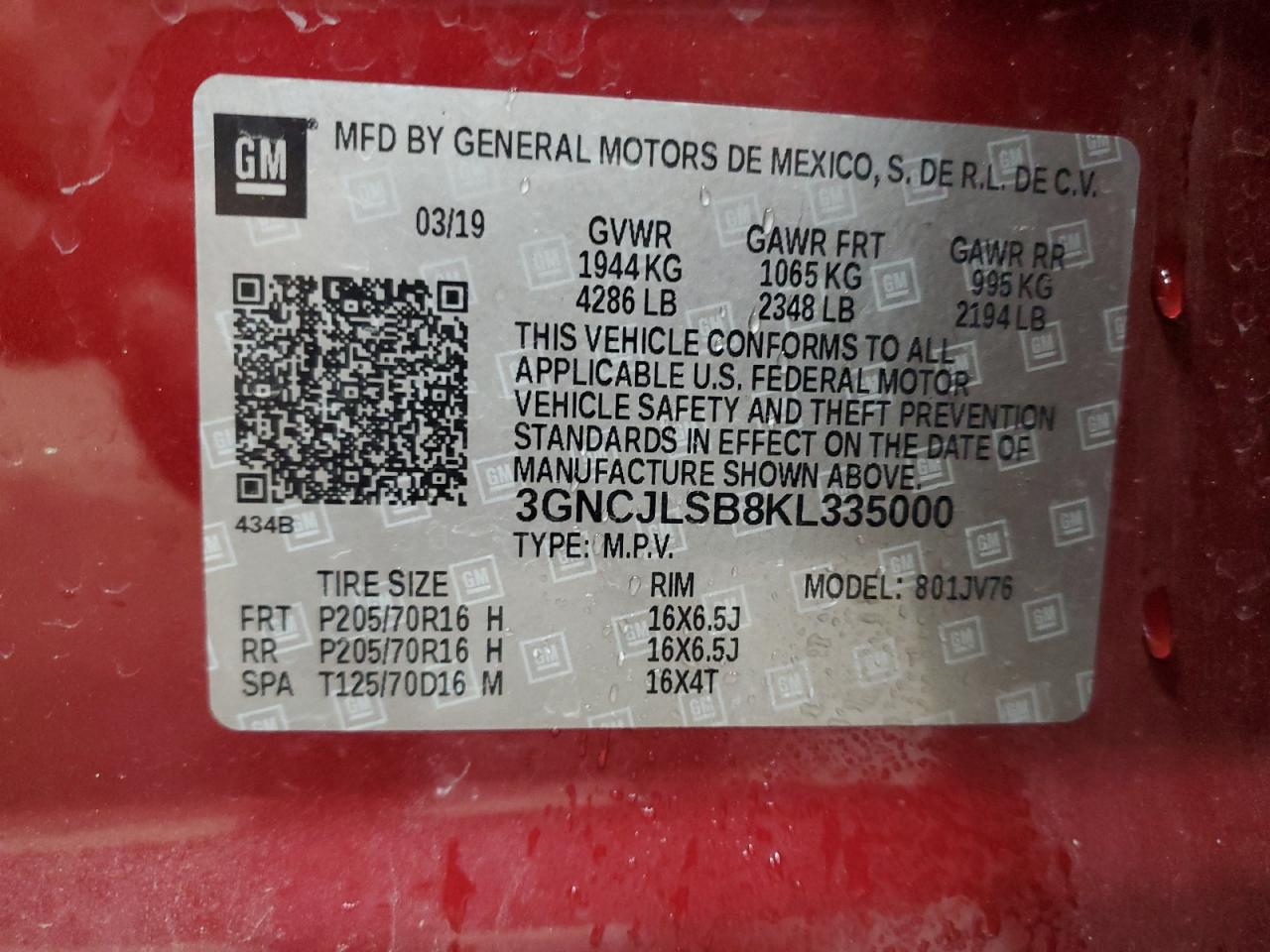 2019 Chevrolet Trax 1Lt VIN: 3GNCJLSB8KL335000 Lot: 91911635