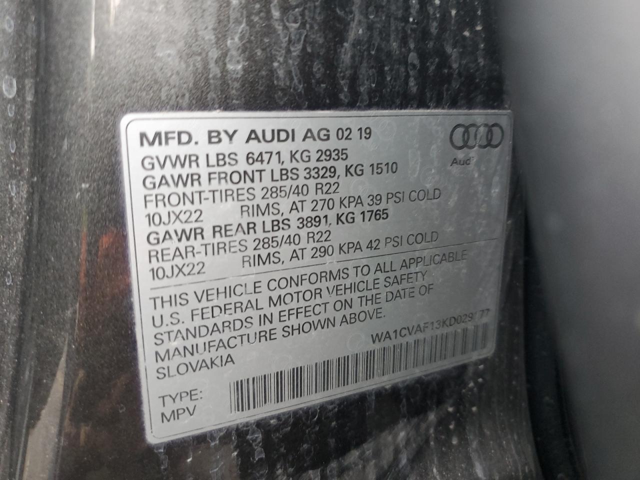 2019 Audi Q8 Prestige VIN: WA1CVAF13KD029177 Lot: 92120005