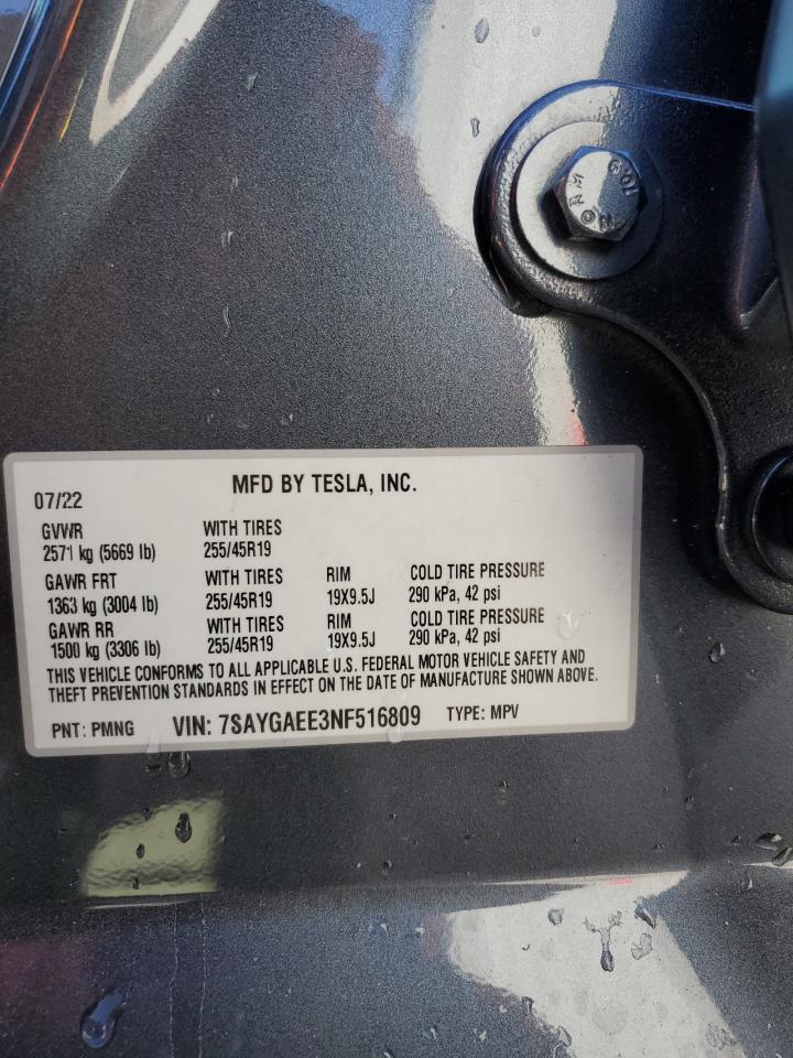 2022 Tesla Model Y VIN: 7SAYGAEE3NF516809 Lot: 91904825
