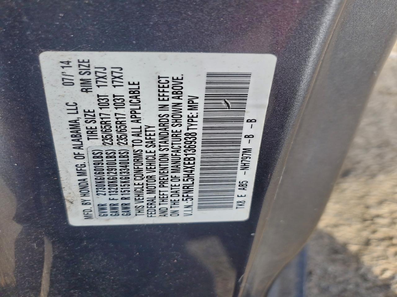 2014 Honda Odyssey Ex VIN: 5FNRL5H4XEB136938 Lot: 94320065