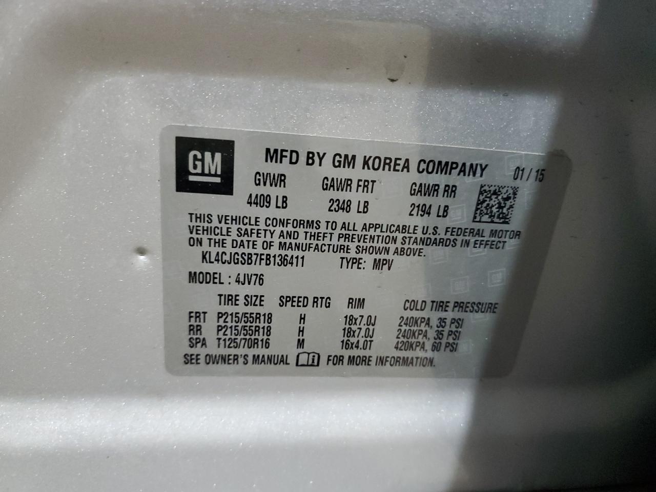 2015 Buick Encore VIN: KL4CJGSB7FB136411 Lot: 92471115