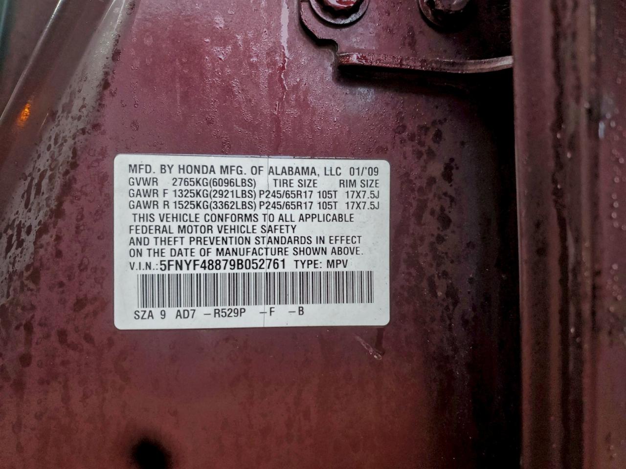 2009 Honda Pilot Touring VIN: 5FNYF48879B052761 Lot: 93924945