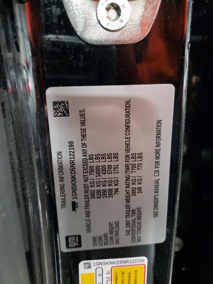 2022 Chevrolet Tahoe K1500 Lt VIN: 1GNSKNKD5NR122198 Lot: 92277295