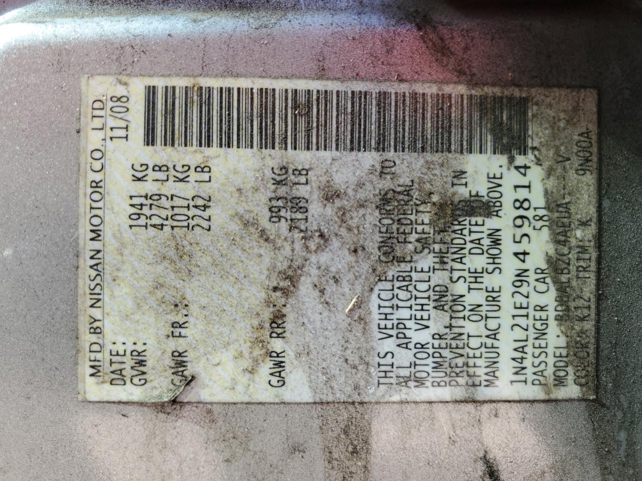 2009 Nissan Altima 2.5 VIN: 1N4AL21E29N459814 Lot: 93103155