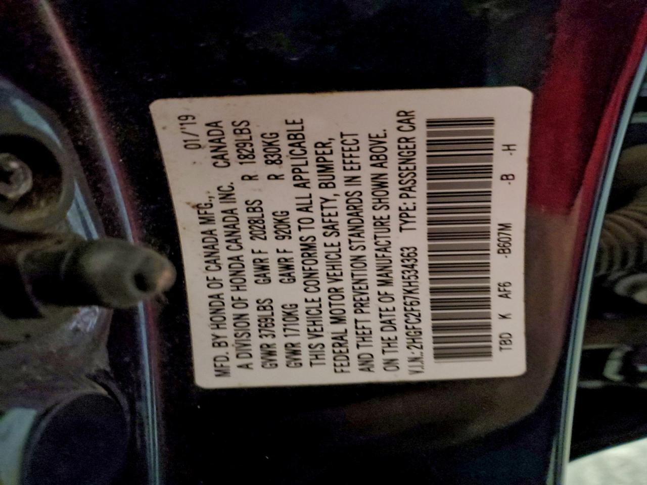 2019 Honda Civic Lx VIN: 2HGFC2F67KH534363 Lot: 94151315