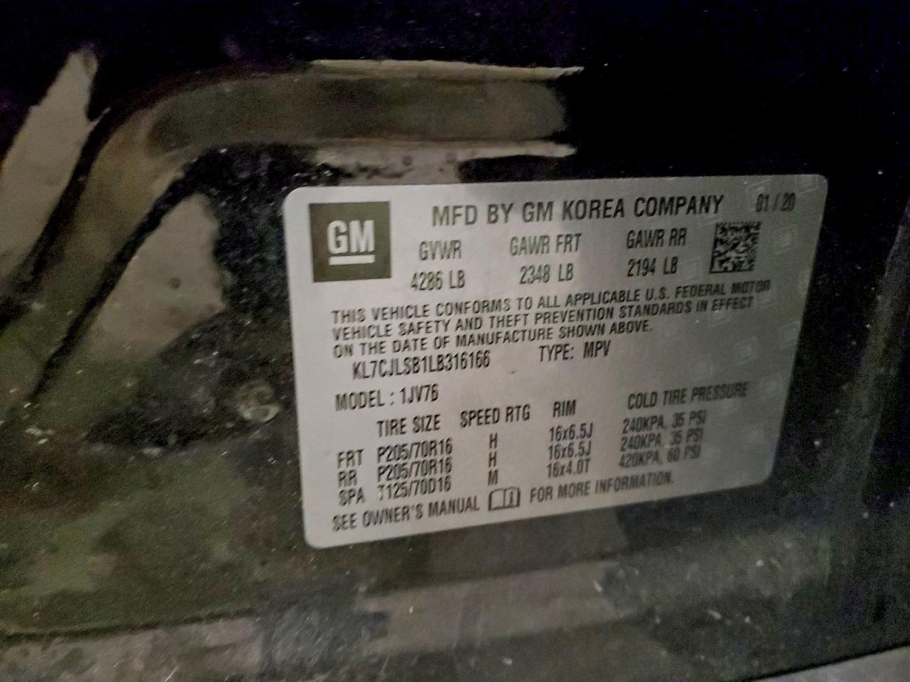 2020 Chevrolet Trax 1Lt VIN: KL7CJLSB1LB316166 Lot: 94491845