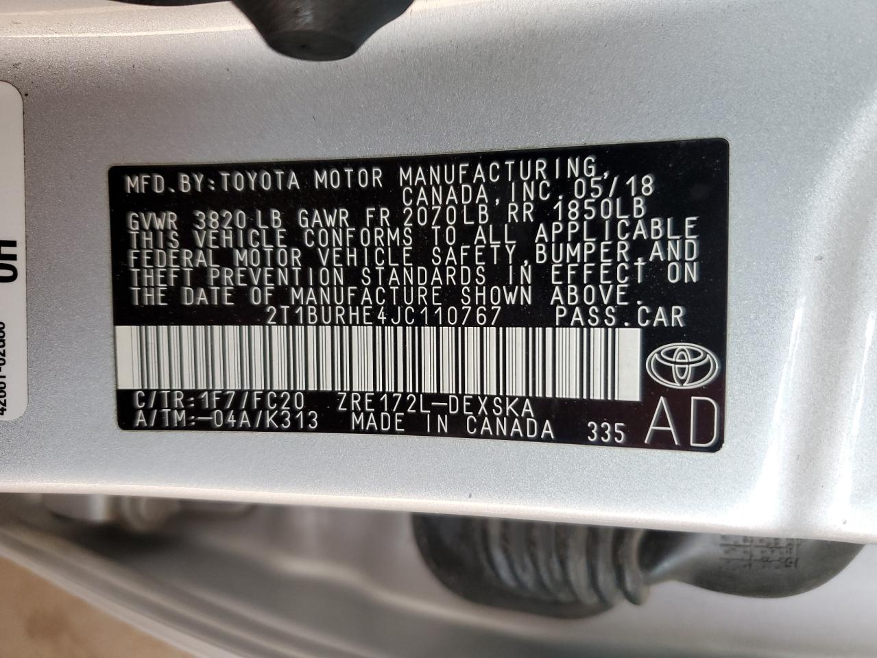 2018 Toyota Corolla L VIN: 2T1BURHE4JC110767 Lot: 93520645