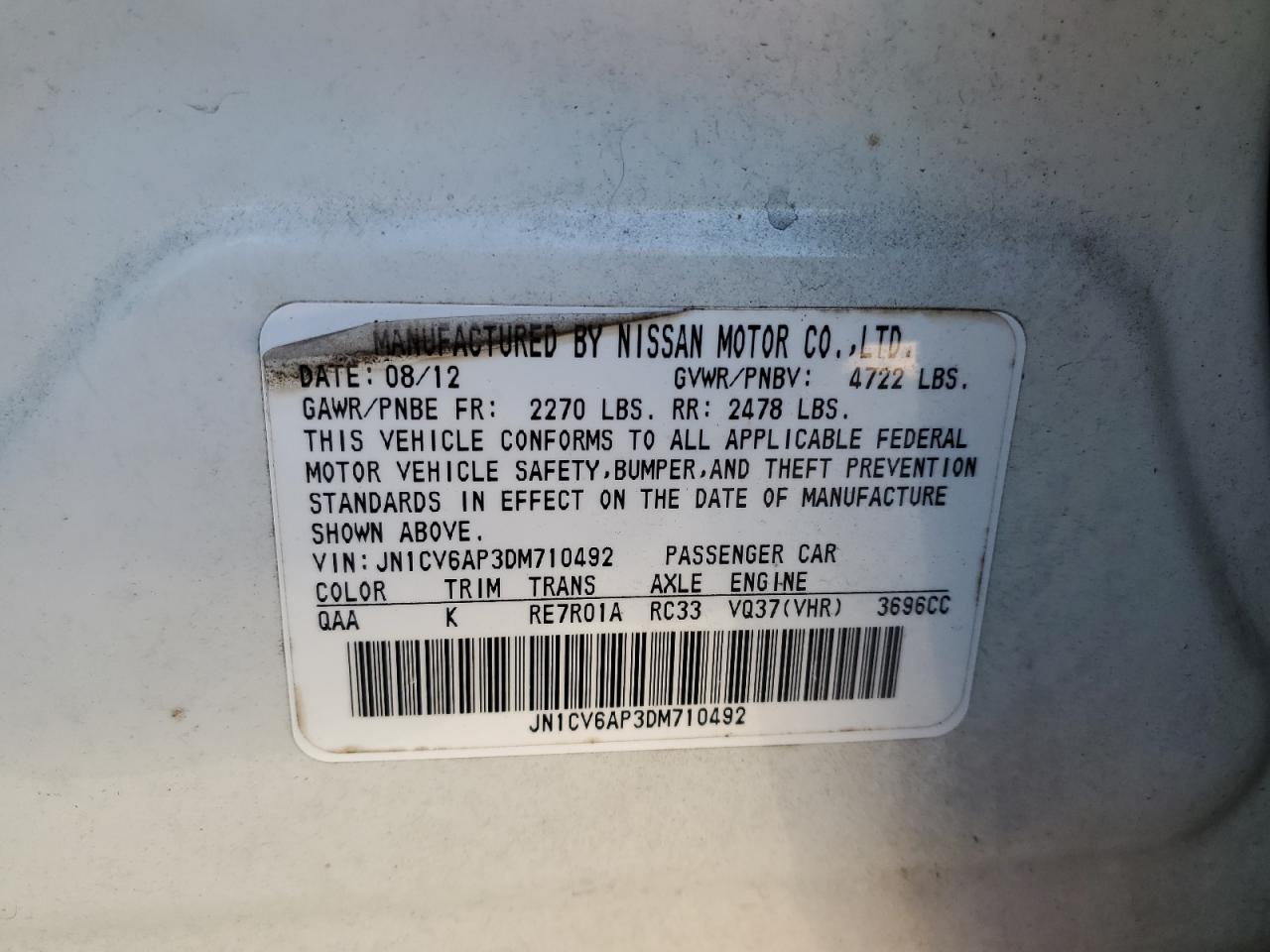 2013 Infiniti G37 Base VIN: JN1CV6AP3DM710492 Lot: 92213485