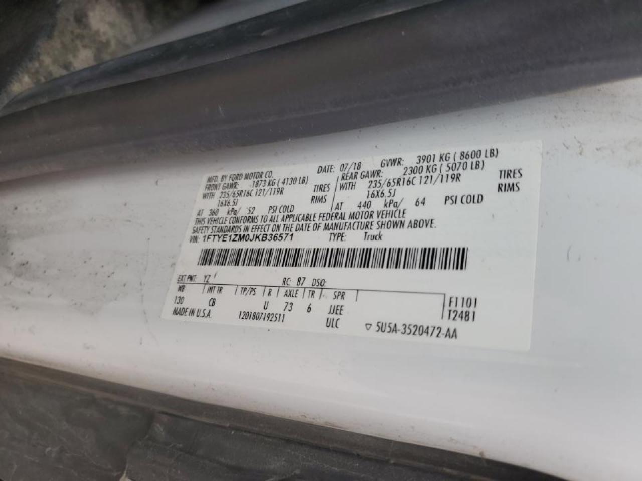 2018 Ford Transit 150 Delivery Van VIN: 1FTYE1ZM0JKB36571 Lot: 92112485