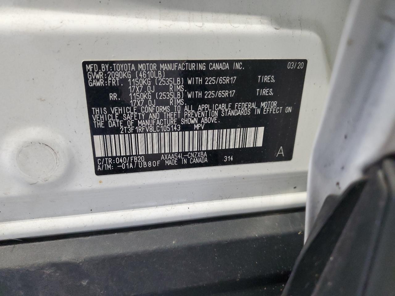 2020 Toyota Rav4 Le VIN: 2T3F1RFV8LC105143 Lot: 91095145