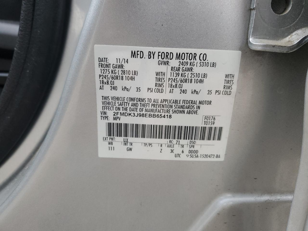 2014 Ford Edge Sel VIN: 2FMDK3J98EBB65418 Lot: 92127575