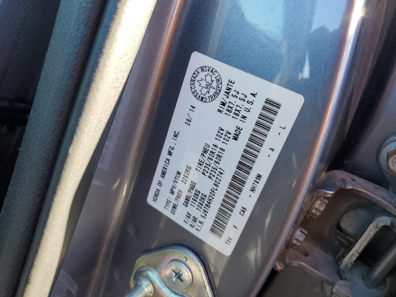 2015 Acura Rdx VIN: 5J8TB4H30FL802747 Lot: 91166545