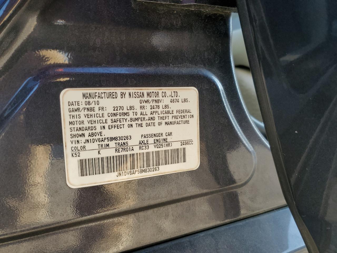 2011 Infiniti G25 Base VIN: JN1DV6AP5BM830263 Lot: 93316305