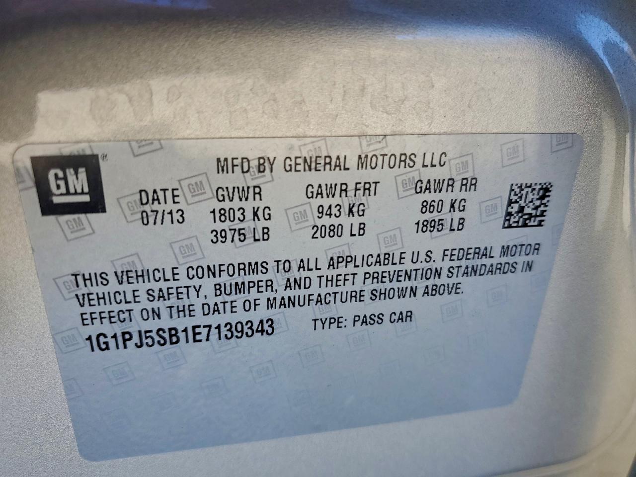 2014 Chevrolet Cruze Eco VIN: 1G1PJ5SB1E7139343 Lot: 94314825