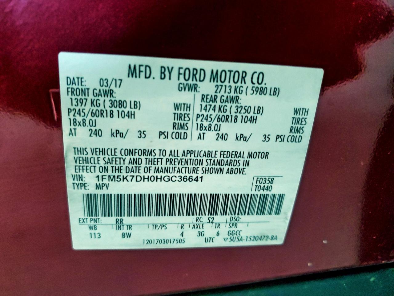 2017 Ford Explorer Xlt VIN: 1FM5K7DH0HGC36641 Lot: 94382185