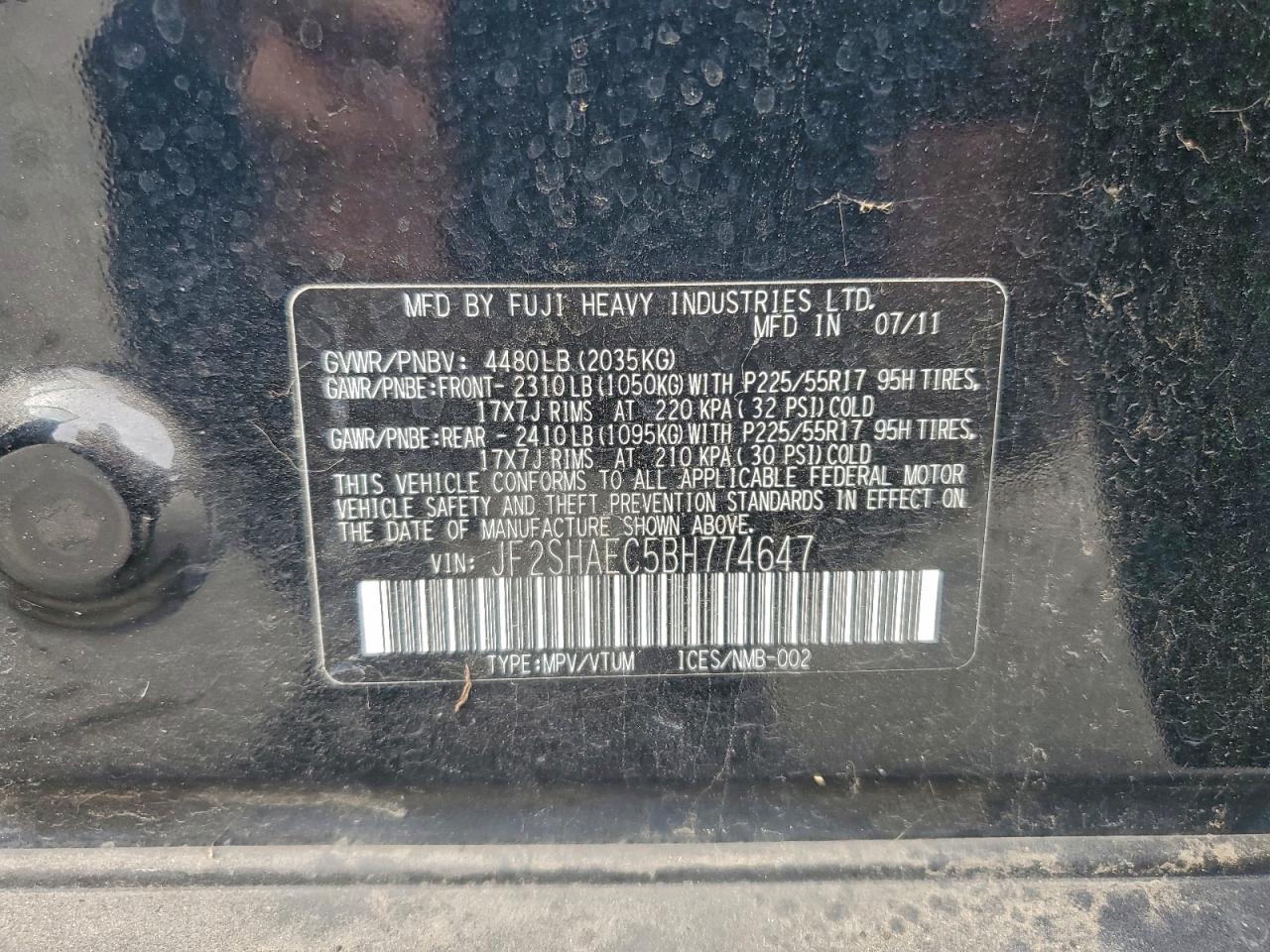 2011 Subaru Forester Limited VIN: JF2SHAEC5BH774647 Lot: 94379215