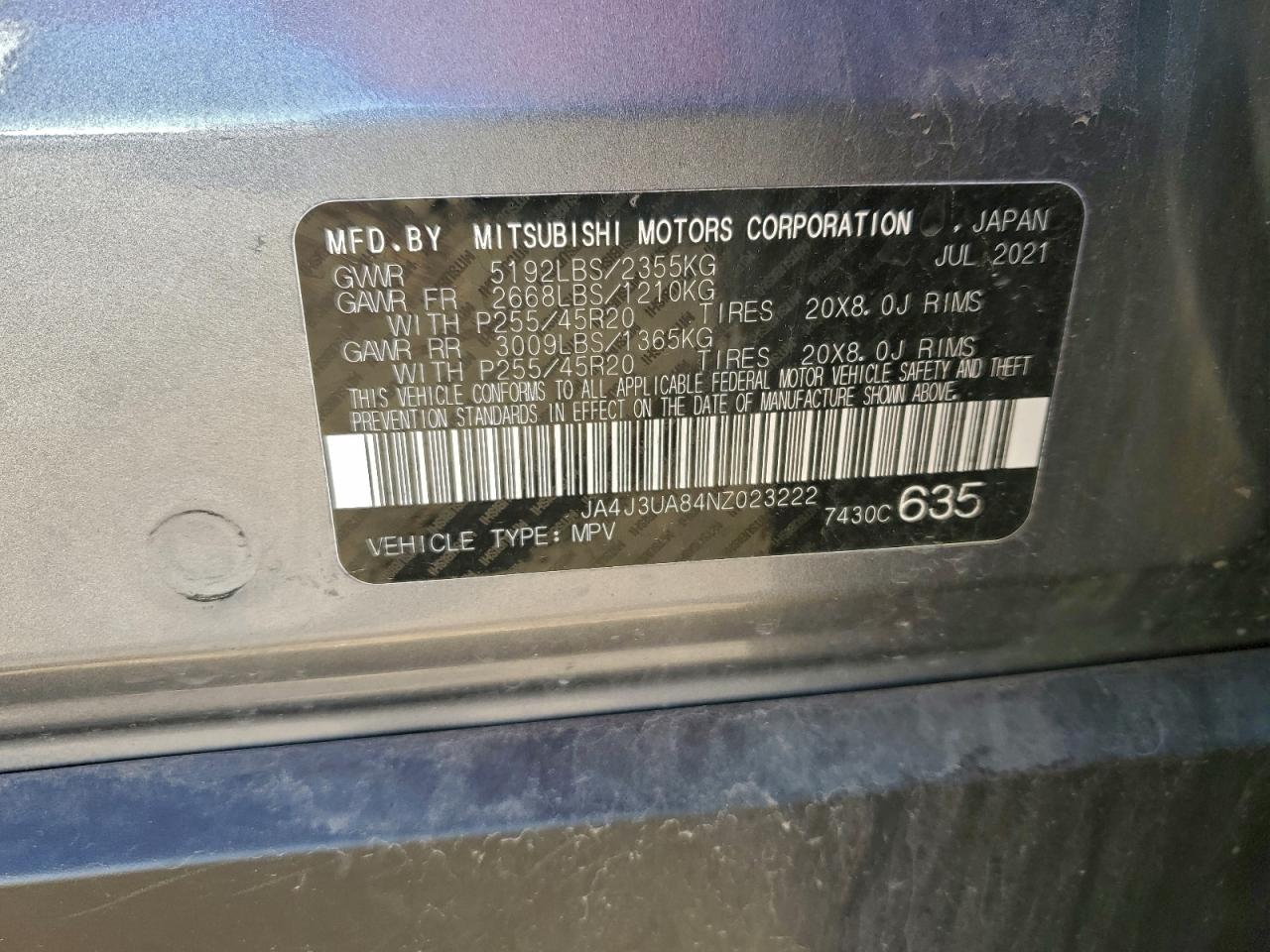 2022 Mitsubishi Outlander Se VIN: JA4J3UA84NZ023222 Lot: 94441485