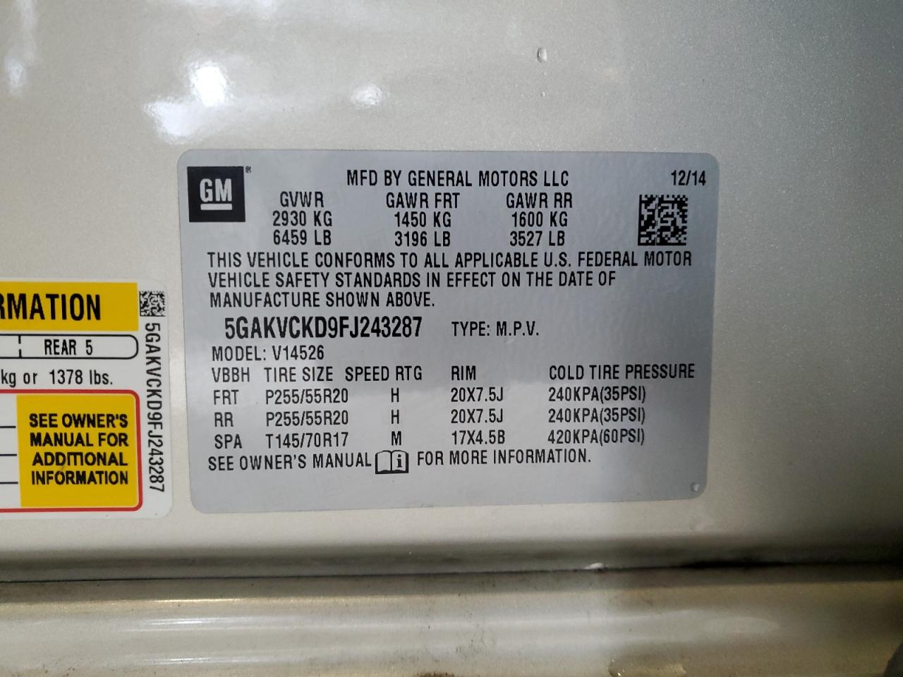 2015 Buick Enclave VIN: 5GAKVCKD9FJ243287 Lot: 93108215