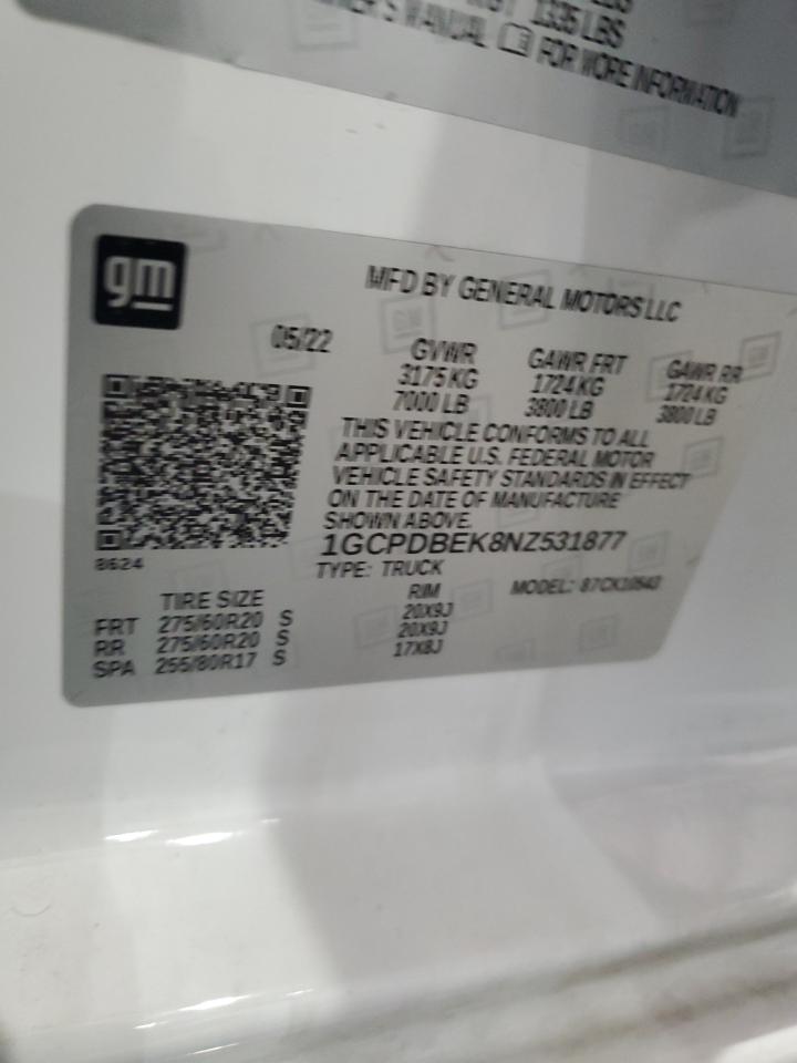 2022 Chevrolet Silverado K1500 Custom VIN: 1GCPDBEK8NZ531877 Lot: 92445375