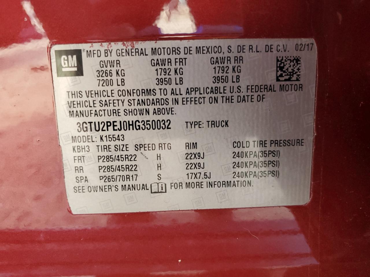 2017 GMC Sierra K1500 Denali VIN: 3GTU2PEJ0HG350032 Lot: 93487775