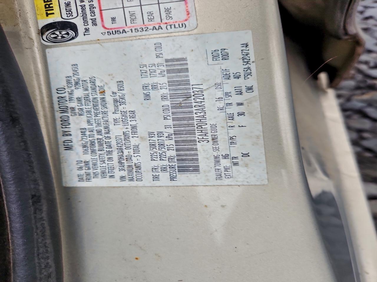 2010 Ford Fusion Se VIN: 3FAHP0HA3AR420371 Lot: 93596365