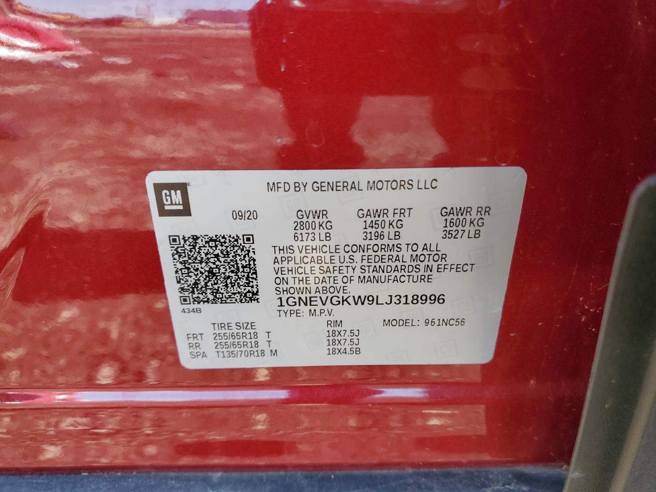 2020 Chevrolet Traverse Lt VIN: 1GNEVGKW9LJ318996 Lot: 92400955