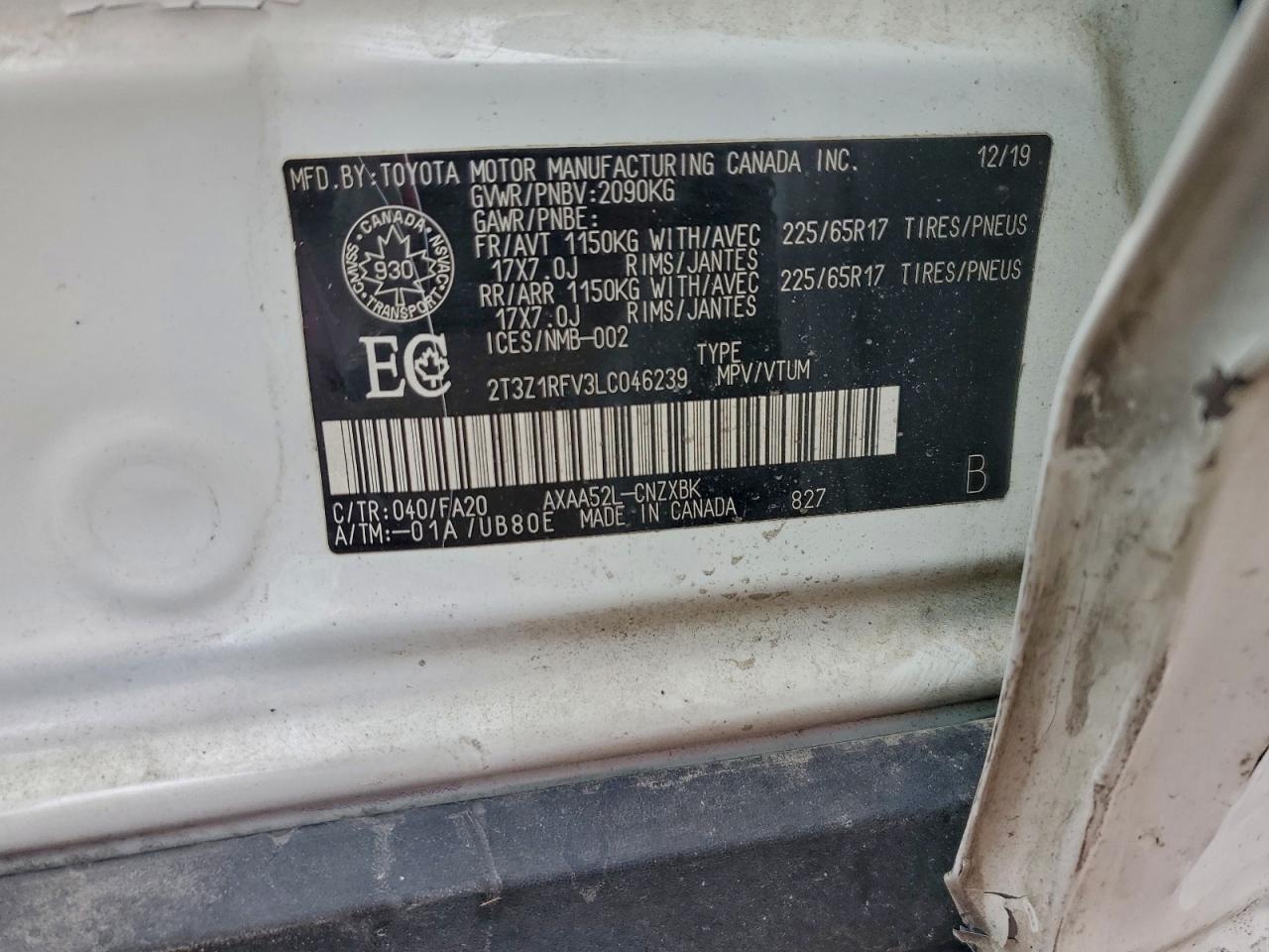 2020 Toyota Rav4 Le VIN: 2T3Z1RFV3LC046239 Lot: 92899865